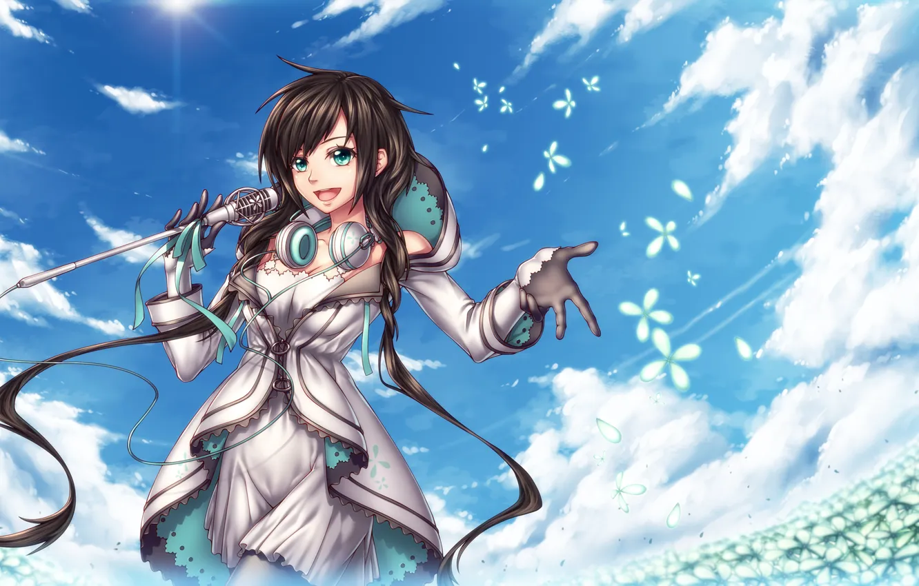 Photo wallpaper field, the sky, girl, clouds, flowers, anime, headphones, art