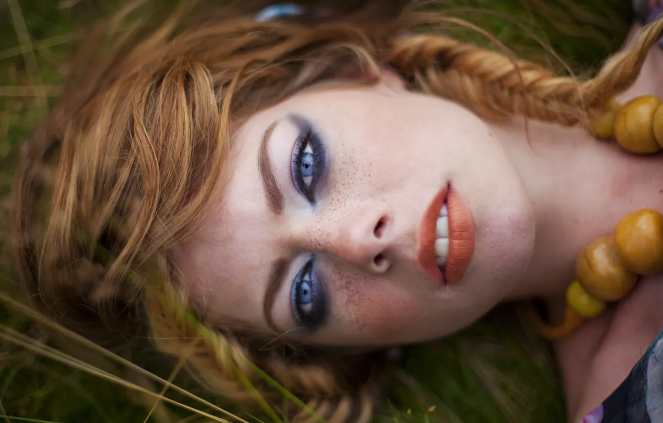 Photo wallpaper eyes, look, girl, face, makeup, freckles