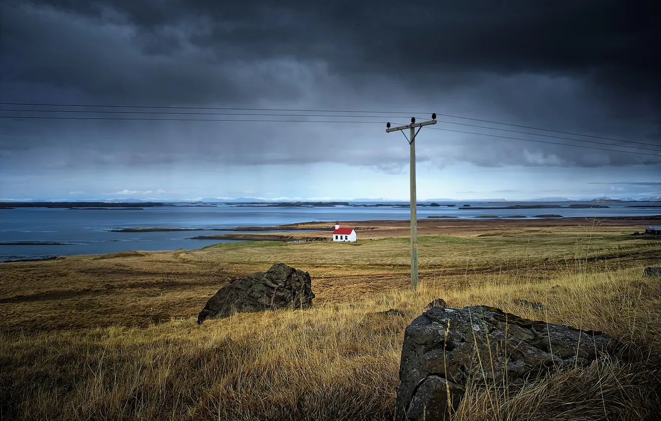 Photo wallpaper lake, stones, storm, Church, power lines, gray clouds