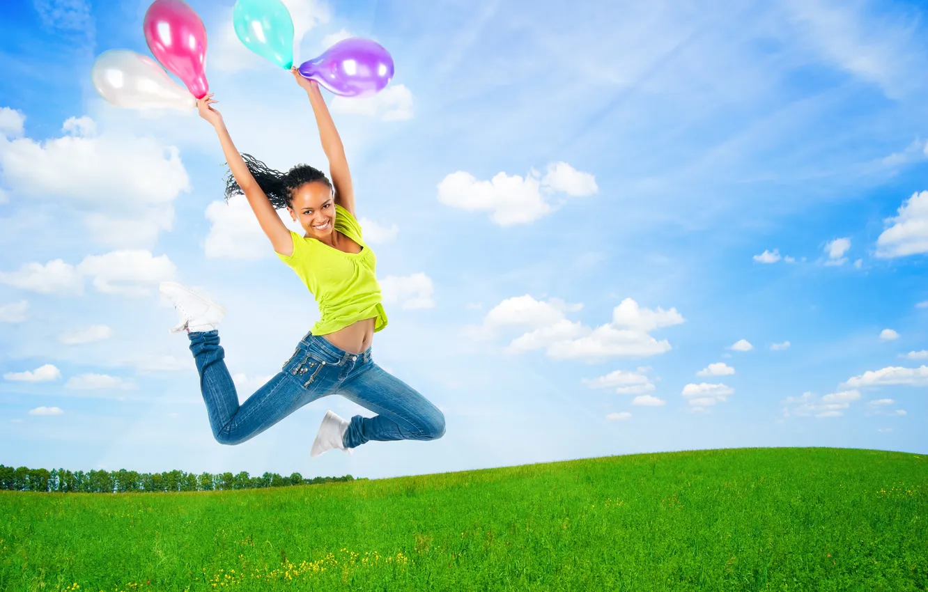 Photo wallpaper the sky, girl, clouds, flowers, smile, balloons, positive, meadow