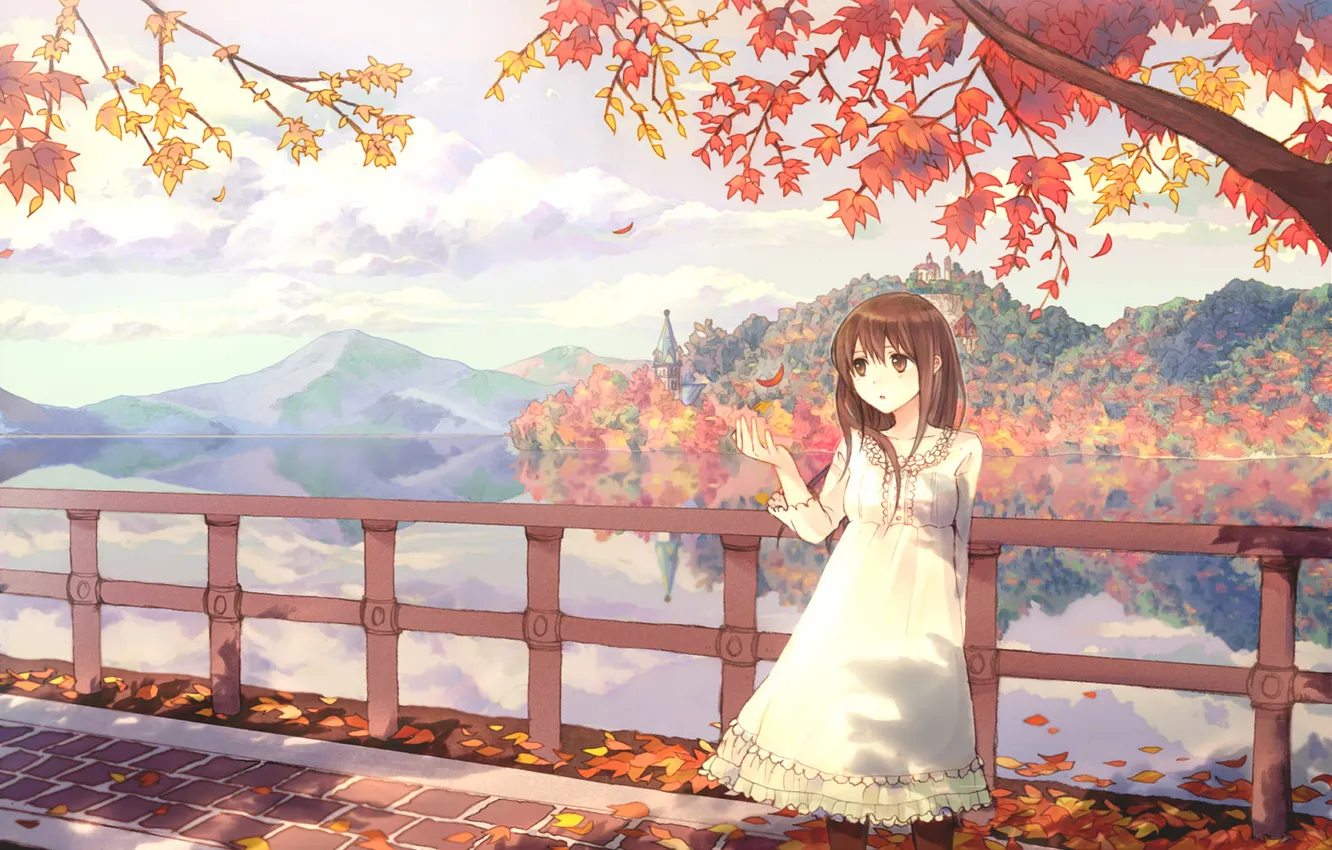 Photo wallpaper Park, river, foliage, anime, girl, town, scene