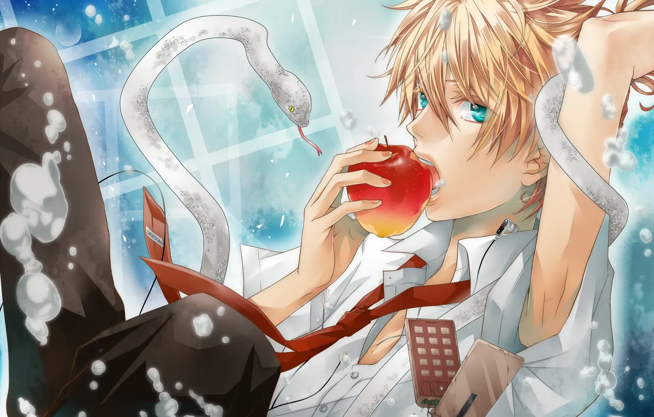 Photo wallpaper bubbles, apples, snake, phone, guy, vocaloid, kagamine len, cell phone