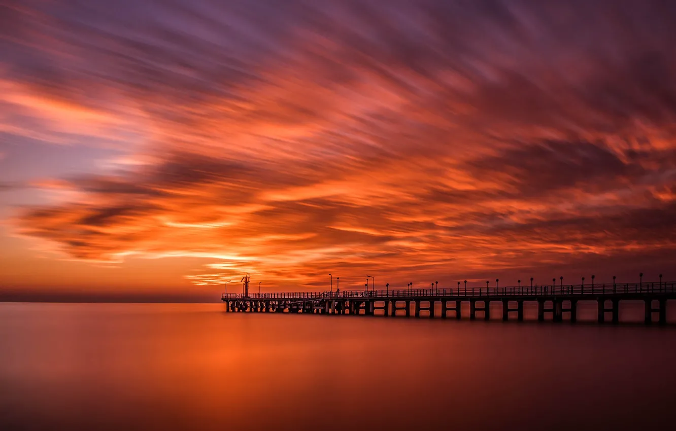 Photo wallpaper the sun, sunset, the ocean, shore, pier, promenade