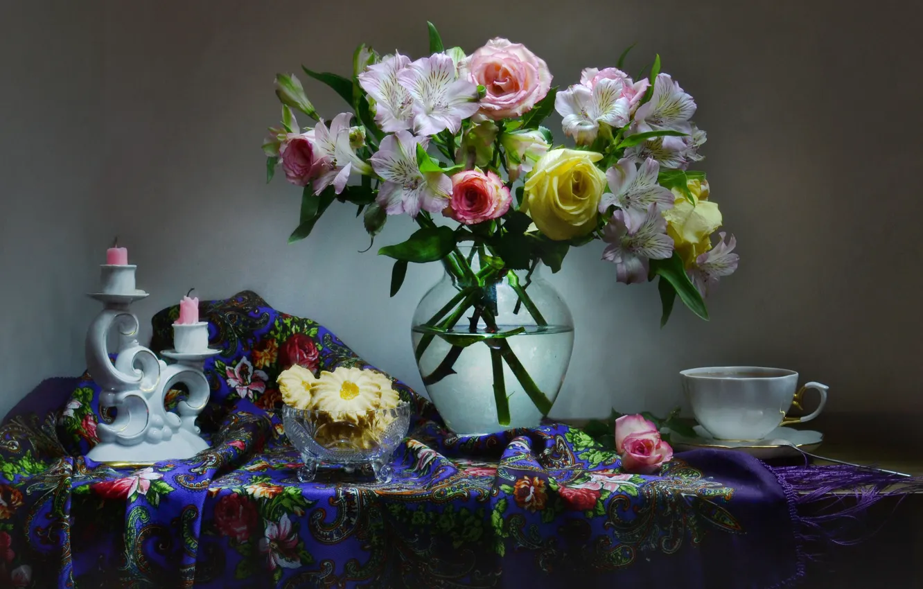 Photo wallpaper cookies, mug, vase, a bouquet of flowers, candle holder, vase, cookies, mug