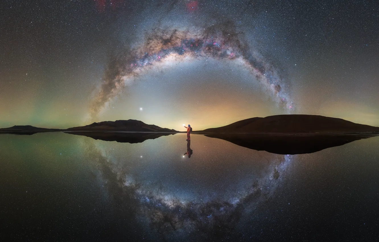Photo wallpaper stars, mountains, night, reflection, people, the suit, the milky way, pond