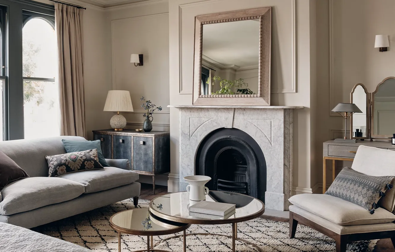 Photo wallpaper design, style, room, interior, mirror, fireplace, living room, design for mirror featured