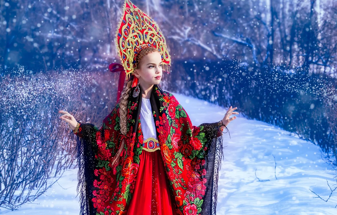 Photo wallpaper winter, snow, girl, outfit, shawl, ethno, kokoshnik