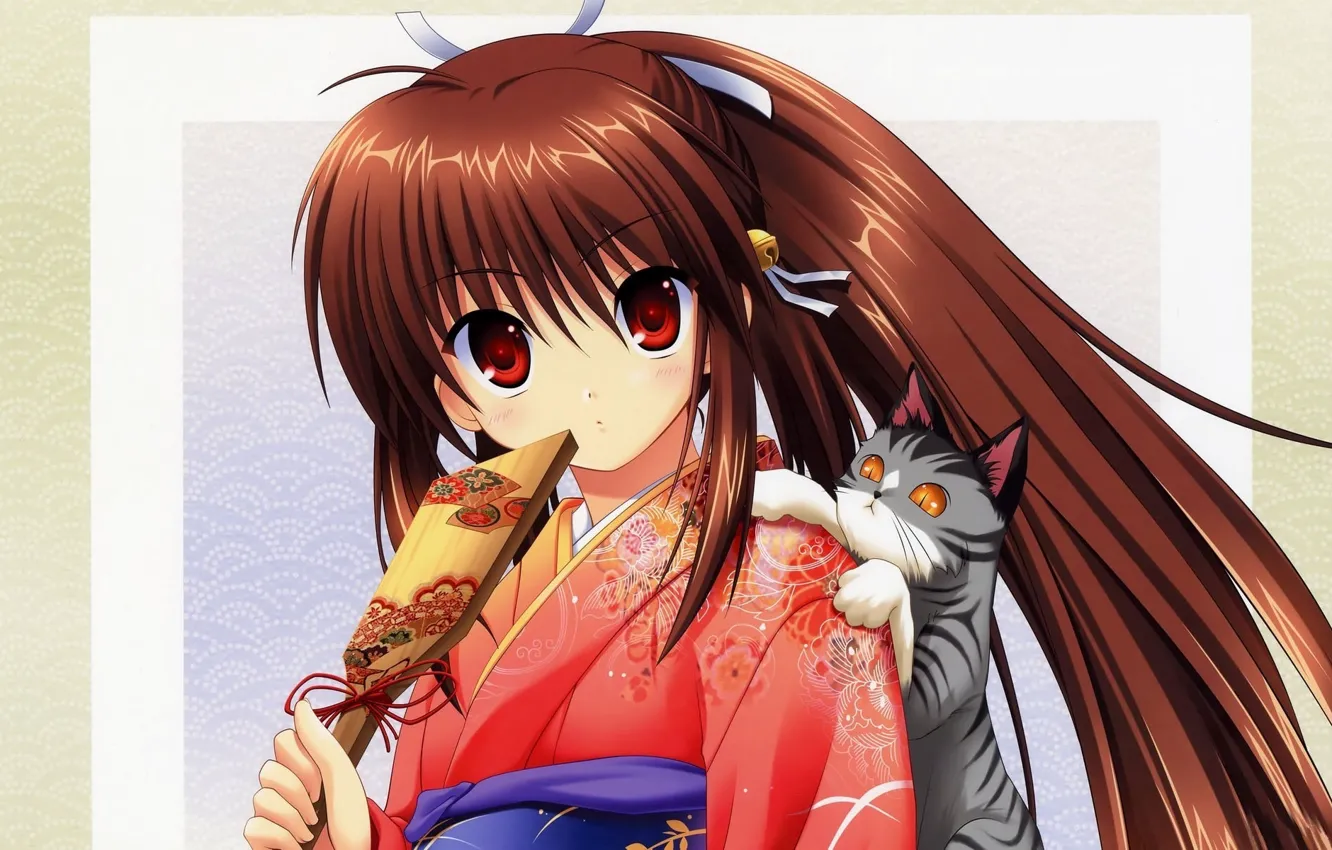 Photo wallpaper kitty, pattern, fan, Girl, kimono, big eyes, bell