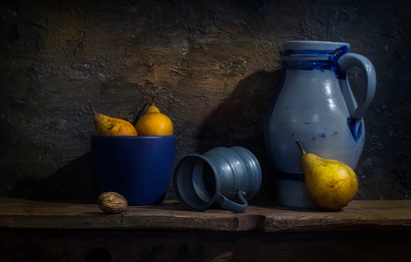 Photo wallpaper walnut, mug, pitcher, pear, Dutch style