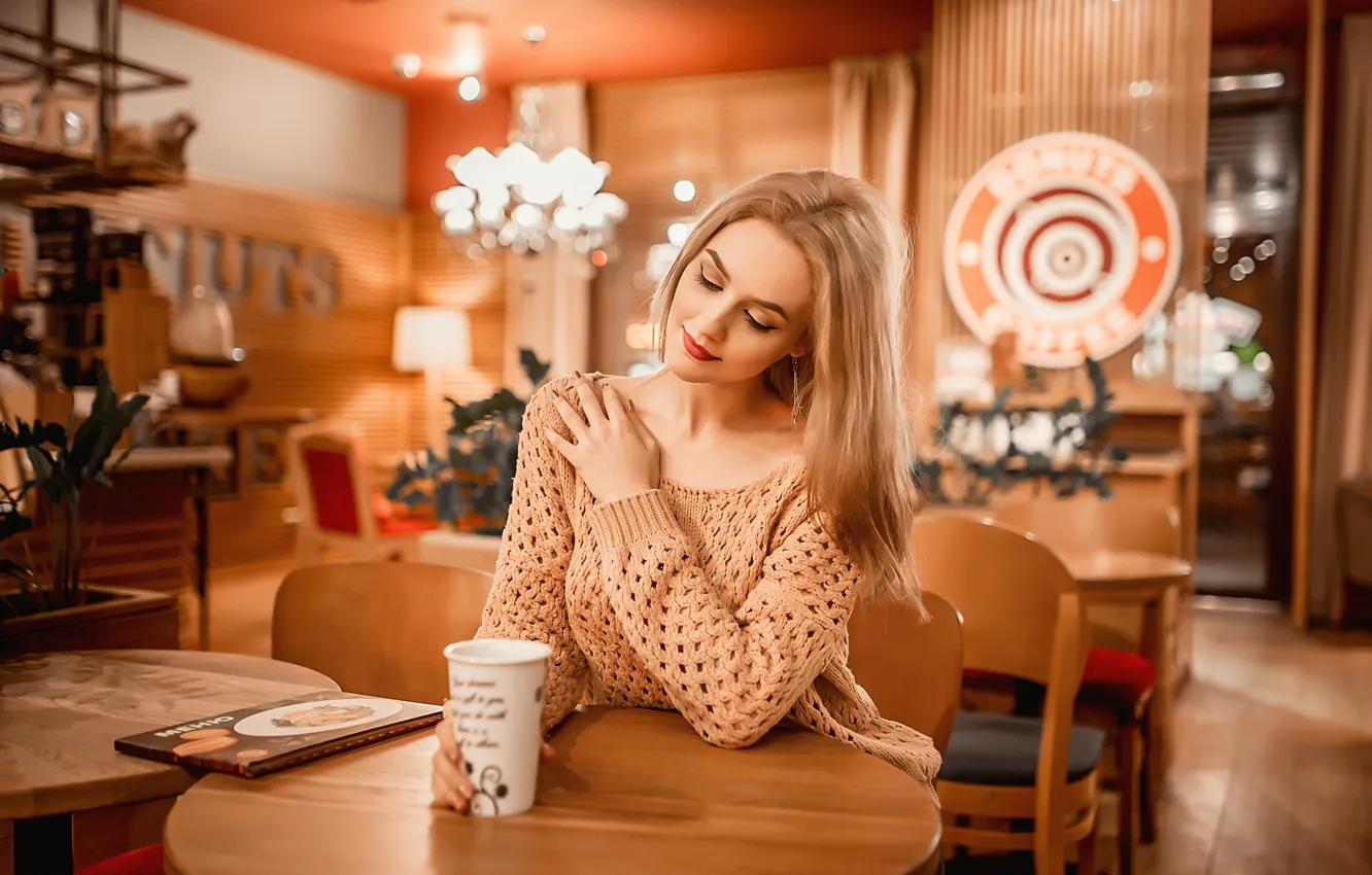 Photo wallpaper girl, mood, coffee, cafe, sweater, A Diakov George