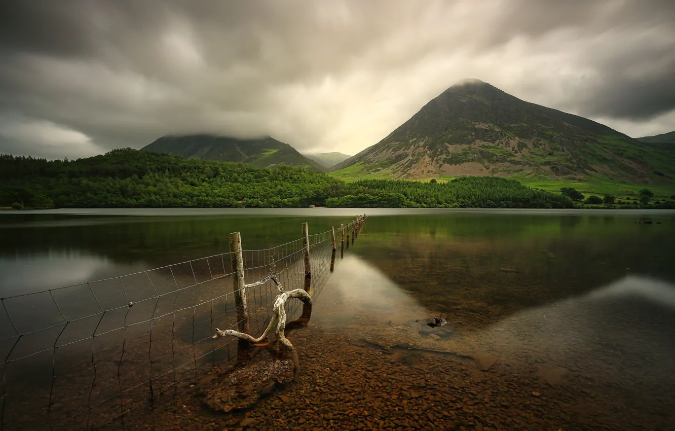 Photo wallpaper forest, the sky, mountains, clouds, pebbles, lake, reflection, overcast