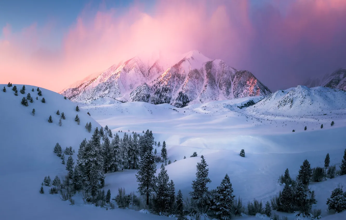 Photo wallpaper winter, clouds, light, snow, mountains