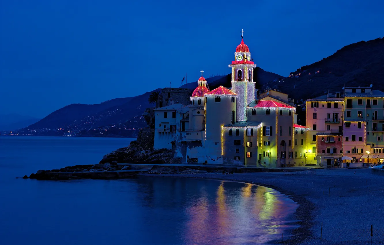 Photo wallpaper night, lights, coast, Italy, Church, Camogli, Liguria