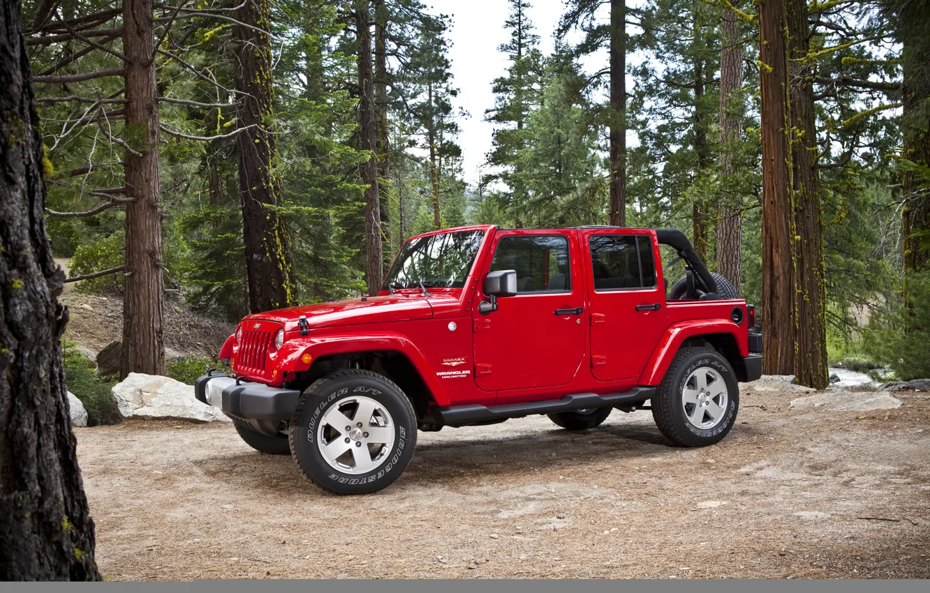 Photo wallpaper Red, Trees, Forest, Jeep, Sahara, Wrangler, Jeep
