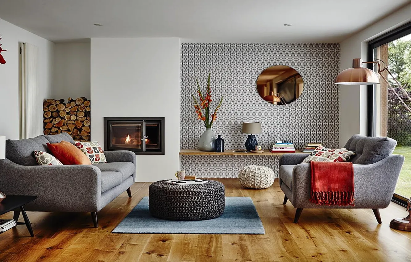 Photo wallpaper design, room, interior, fireplace, retro style, living room, Mid-Century Modern, accent chair style