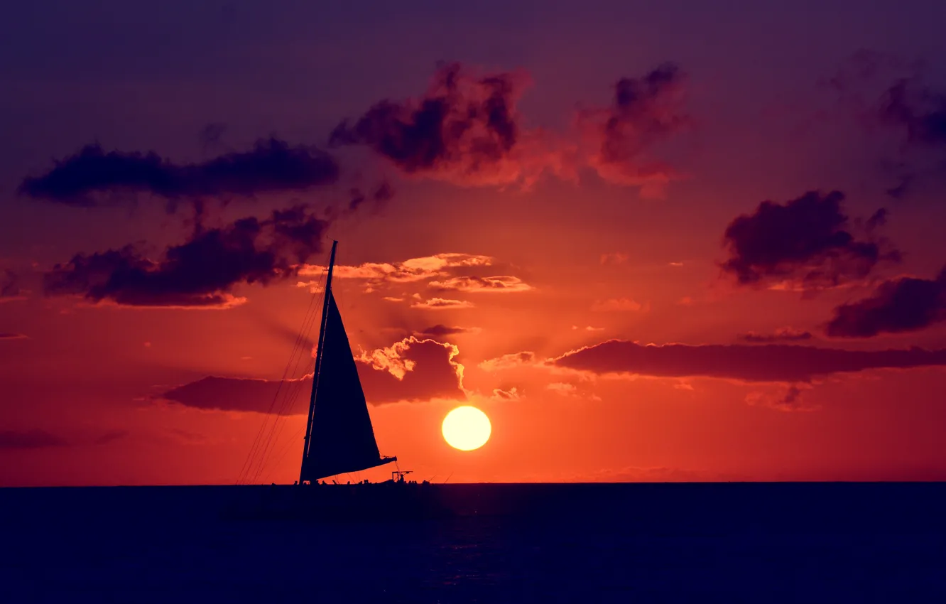 Photo wallpaper sea, the sky, the sun, sunset, clouds, nature, mood, sailboat
