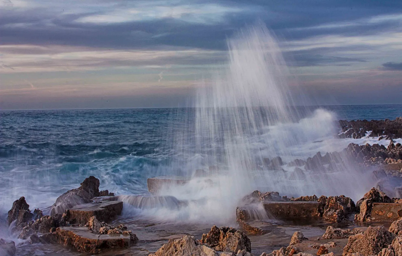 Photo wallpaper sea, wave, the sky, clouds, squirt, stones, shore