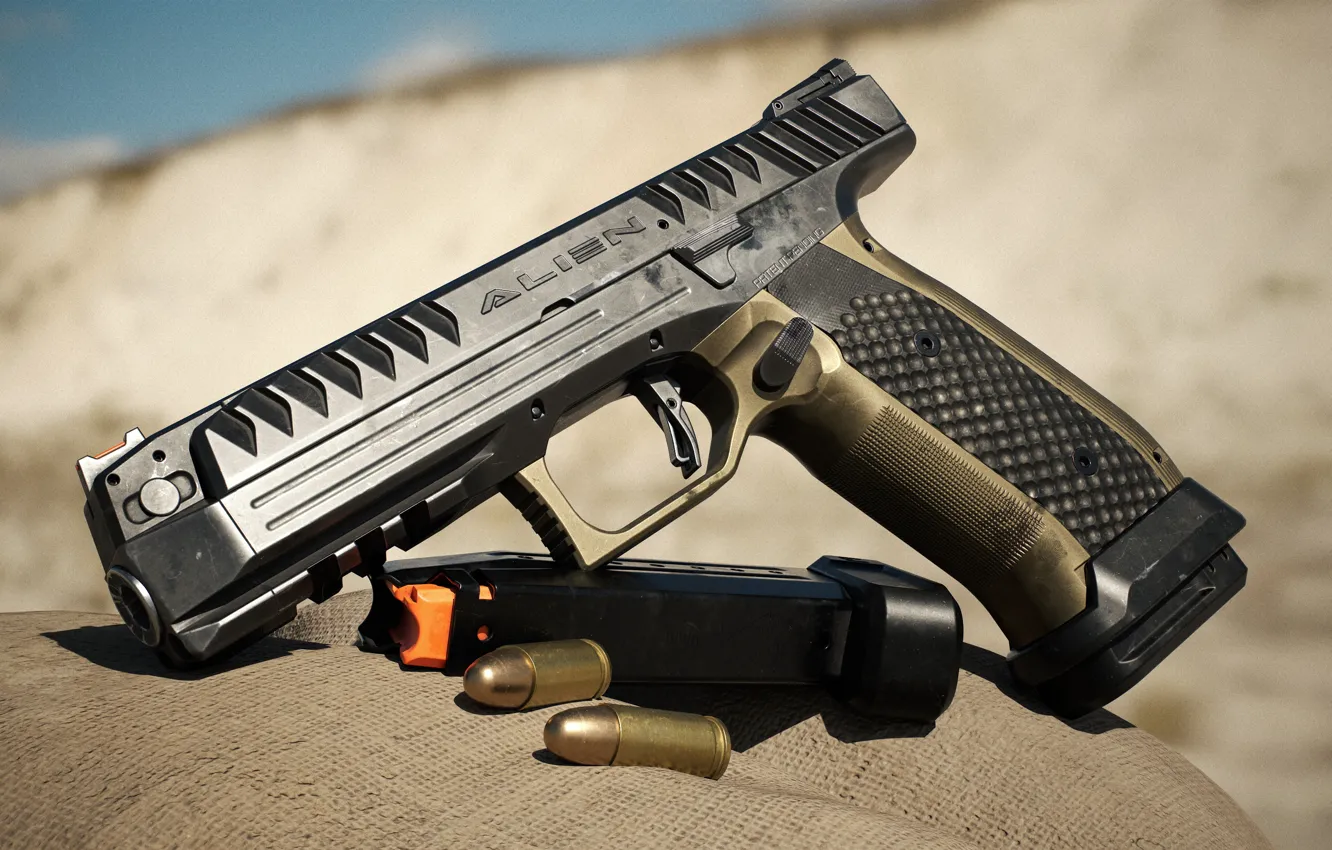 Photo wallpaper gun, weapons, pistol, weapon, alien, render, Alien, Logo