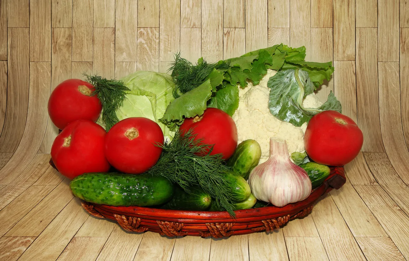 Photo wallpaper greens, nature, mood, beauty, dill, still life, basket, vegetables