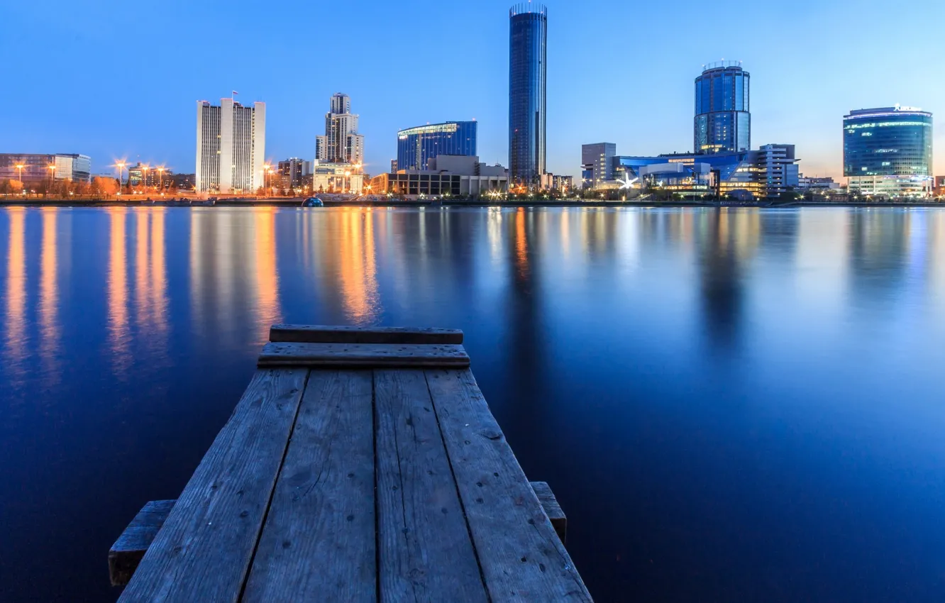 Photo wallpaper sea, the sky, clouds, landscape, nature, the city, skyscrapers