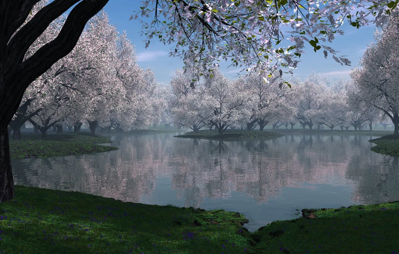 Photo wallpaper grass, trees, flowers, nature, lake, spring, haze, blooming
