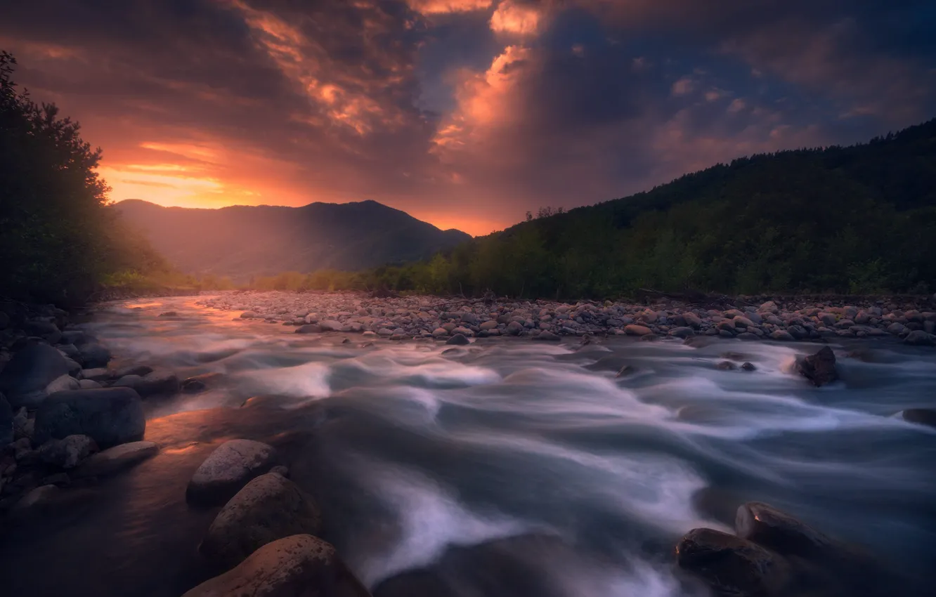 Photo wallpaper mountains, river, stones