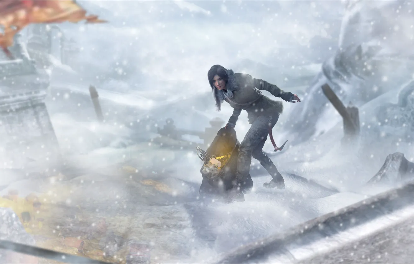 Photo wallpaper winter, girl, snow, the wind, art, Tomb Raider, bag, Lara Croft
