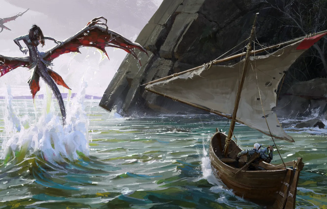 Photo wallpaper Sea, Boat, Sword, The Witcher, The Witcher, Geralt, Game, Geralt of Rivia
