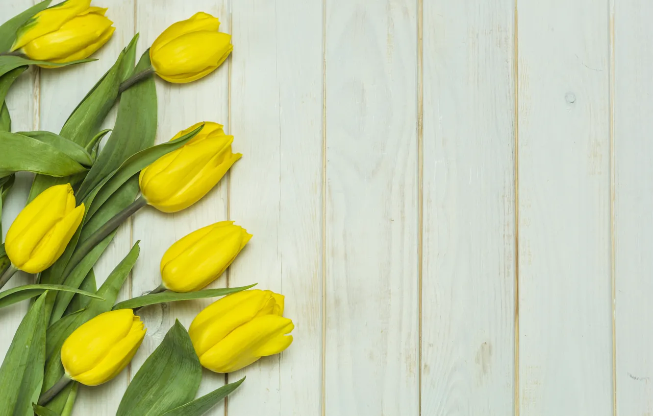 Photo wallpaper flowers, yellow, bouquet, tulips, fresh, yellow, wood, flowers