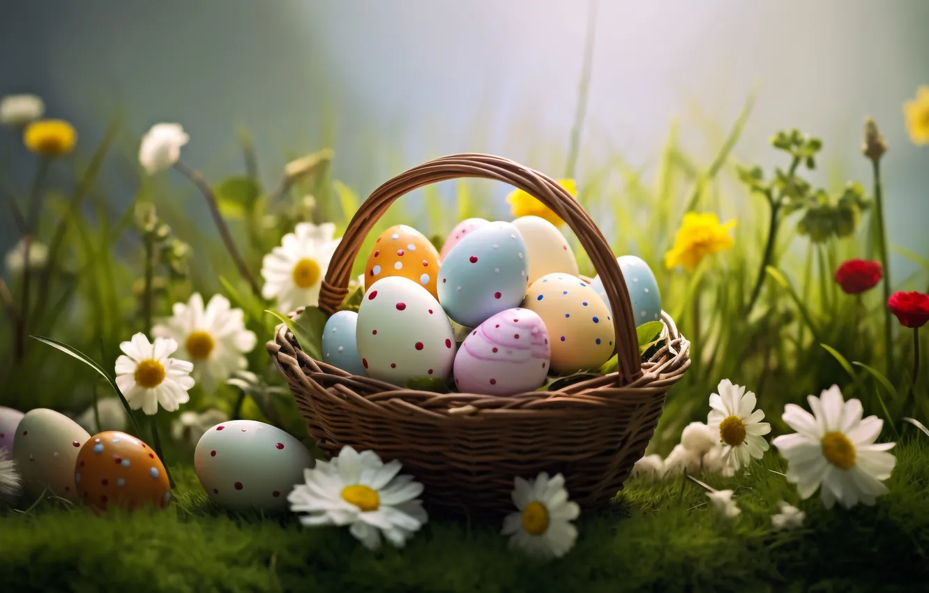 Photo wallpaper flowers, eggs, spring, colorful, Easter, flowers, spring, Easter