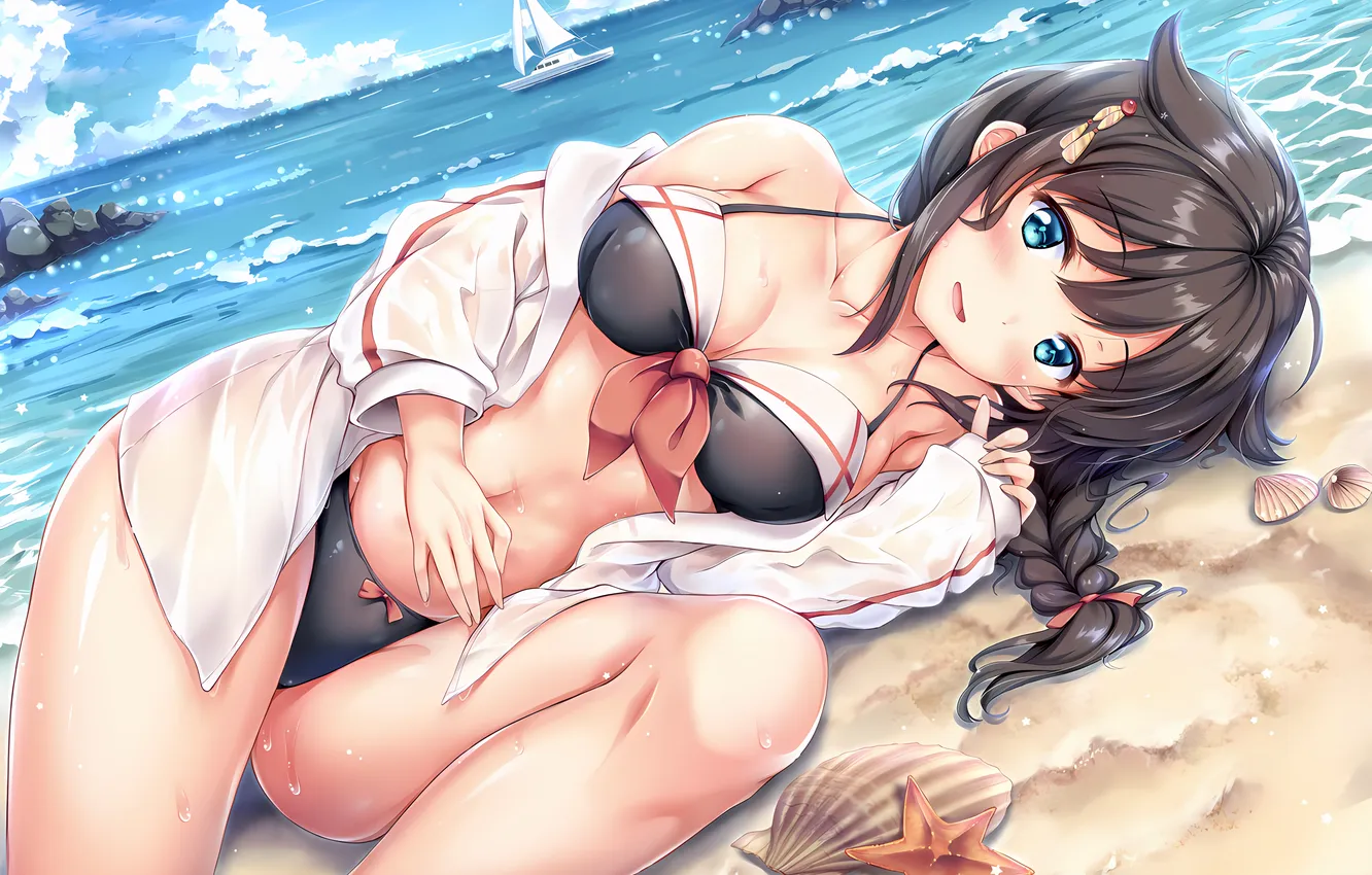 Photo wallpaper girl, sexy, wet, cleavage, beach, green eyes, long hair, legs