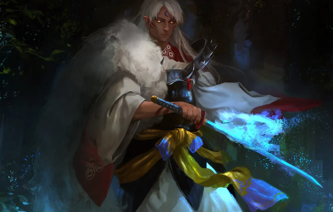 Photo wallpaper forest, eyes, magic, sword, art, guy, InuYasha, Sesshomaru