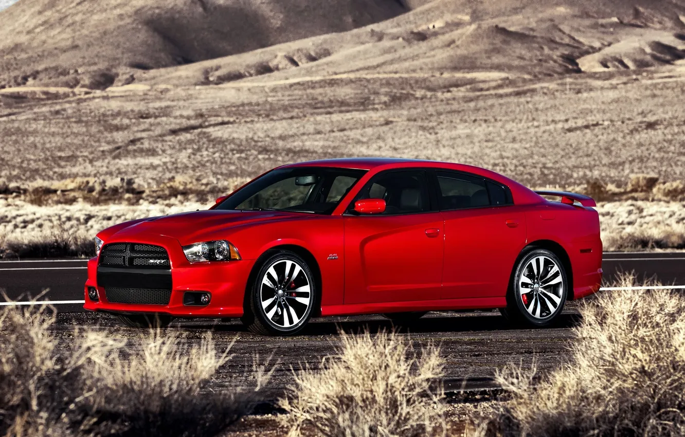 Photo wallpaper road, red, hills, Dodge, SRT8, muscle car, Dodge, the bushes