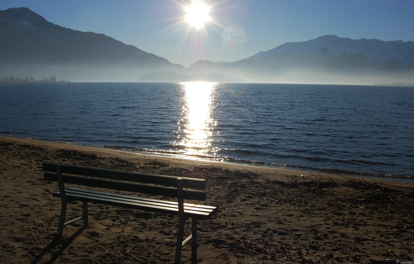 Photo wallpaper sand, the sky, the sun, sunset, mountains, bench, lake, shore
