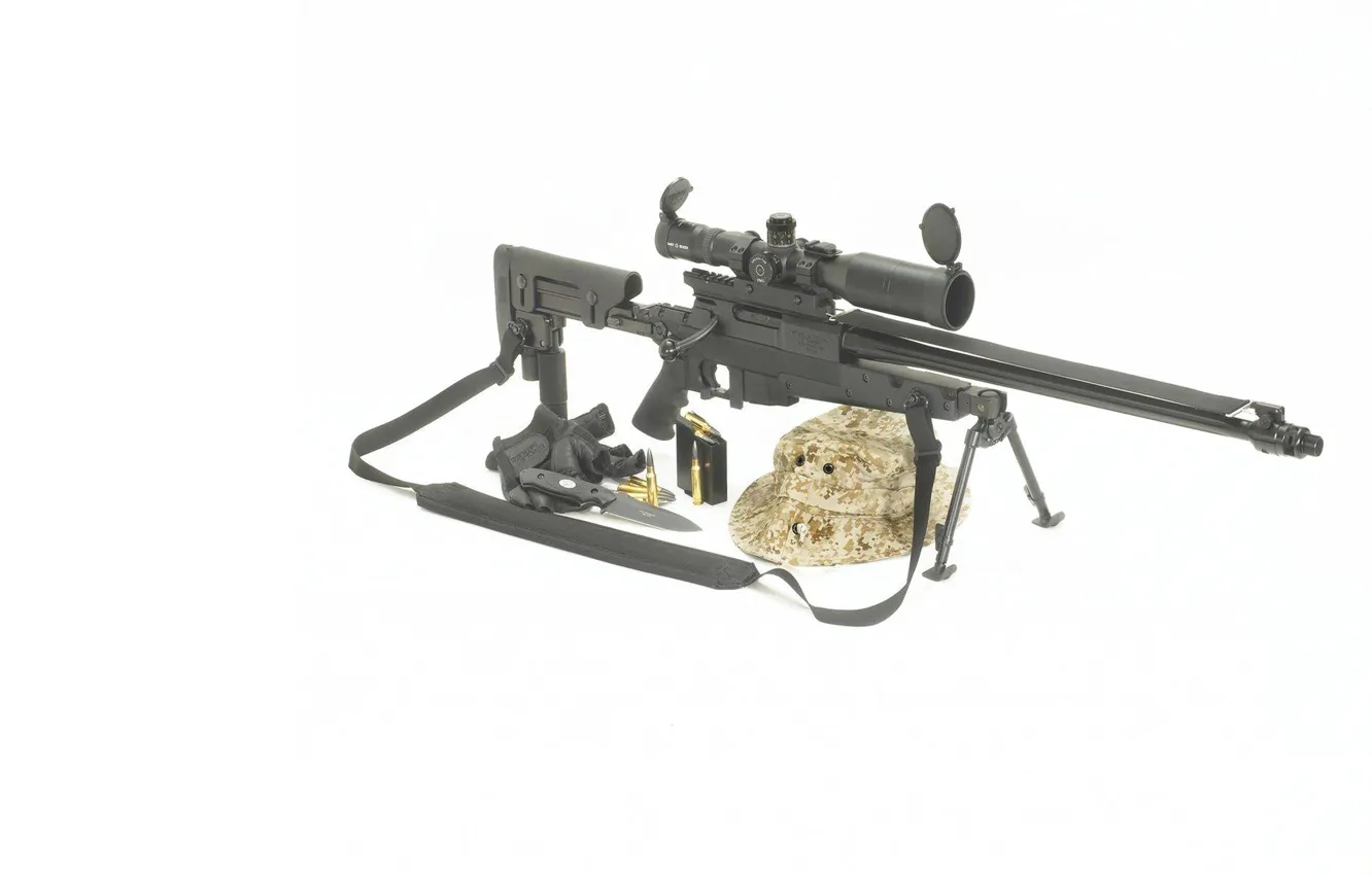 Photo wallpaper knife, white background, gloves, Panama, APR 308, Swiss sniper rifle, Brugger &amp; Thomet