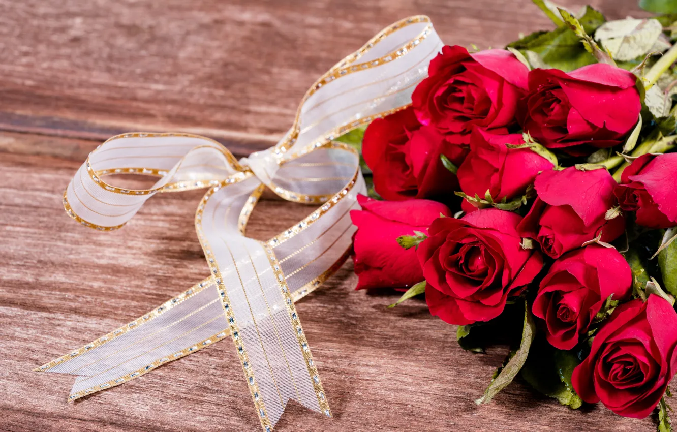 Photo wallpaper flowers, red, roses, bouquet, tape, red, bow, buds
