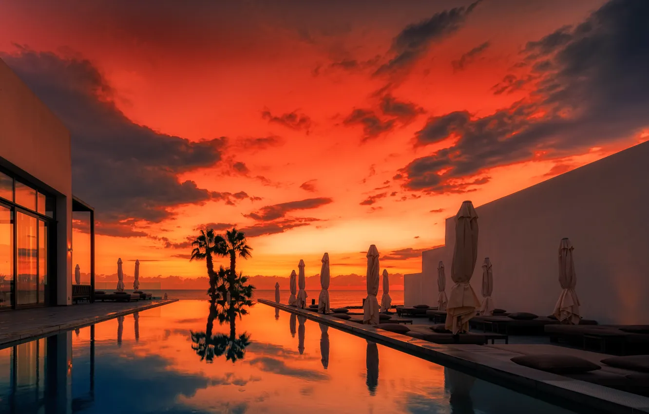 Photo wallpaper colors, colorful, red, pool, sunset, clouds, dusk, cyprus