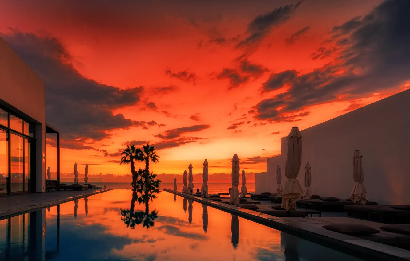 Photo wallpaper colors, colorful, red, pool, sunset, clouds, dusk, Cyprus