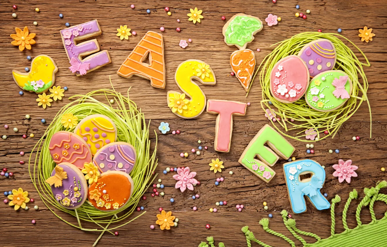 Photo wallpaper spring, colorful, cookies, Easter, wood, sweet, glaze, spring