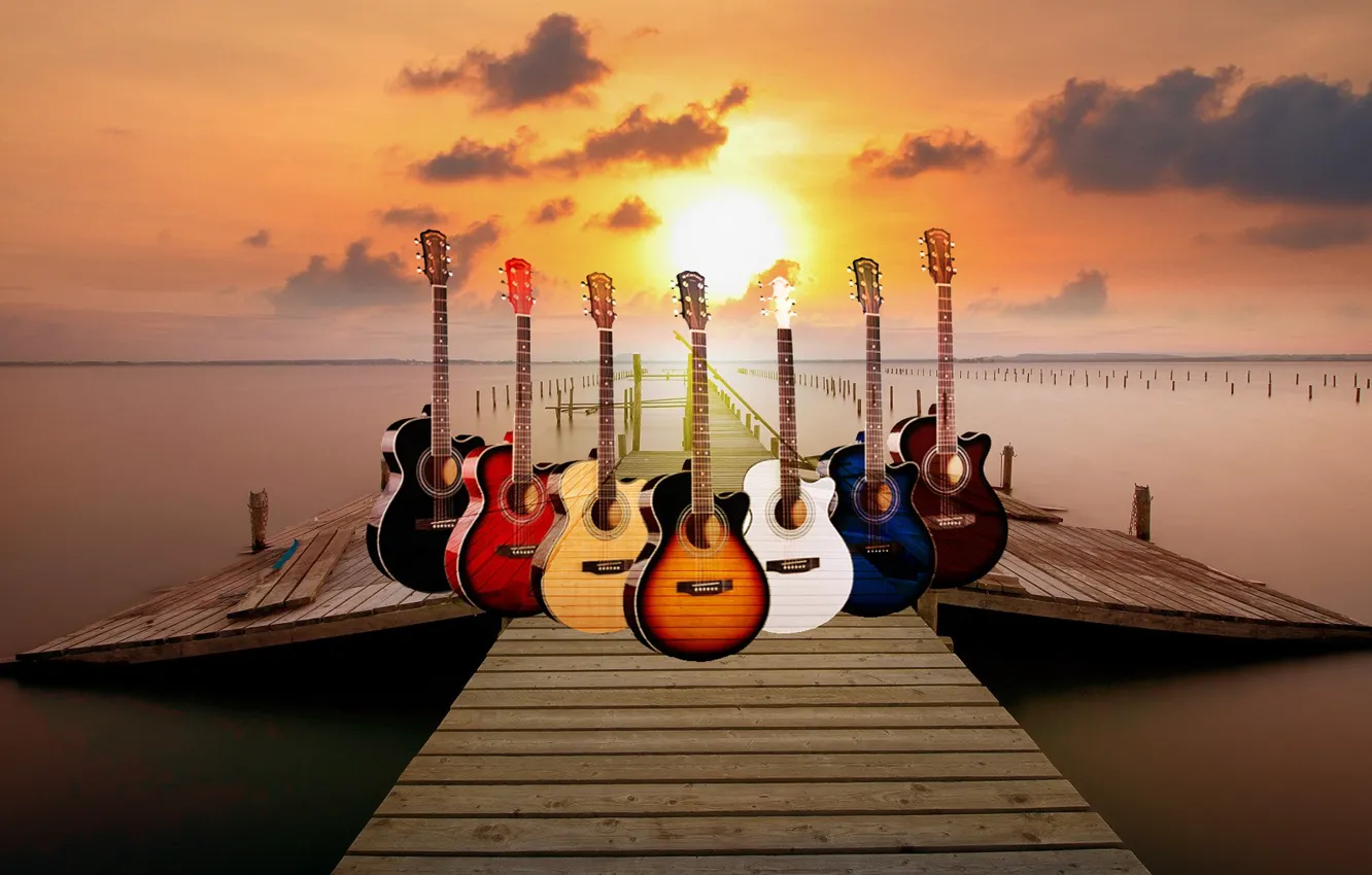 Photo wallpaper pier, sunset., Guitar