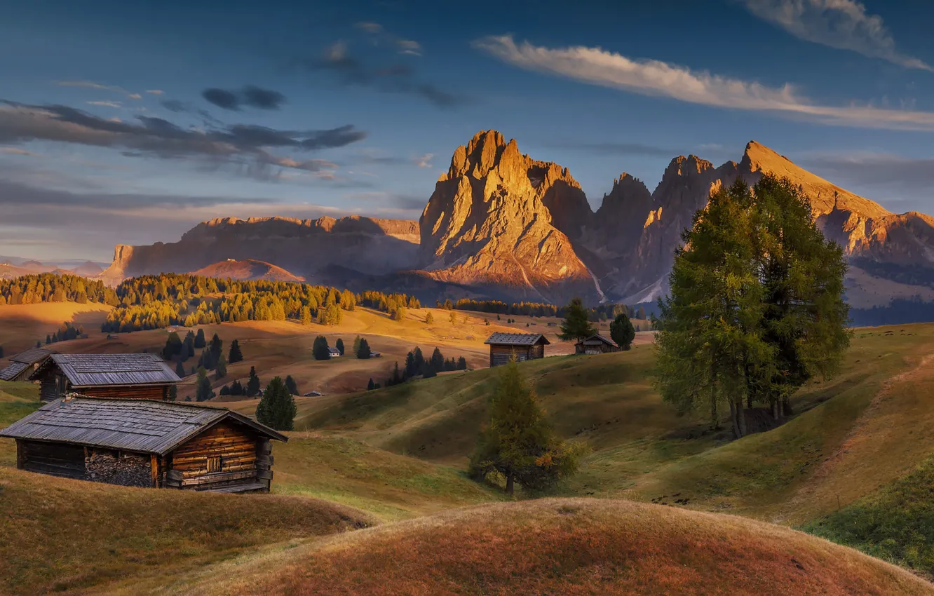 Photo wallpaper field, forest, mountains, hills, Alps, house