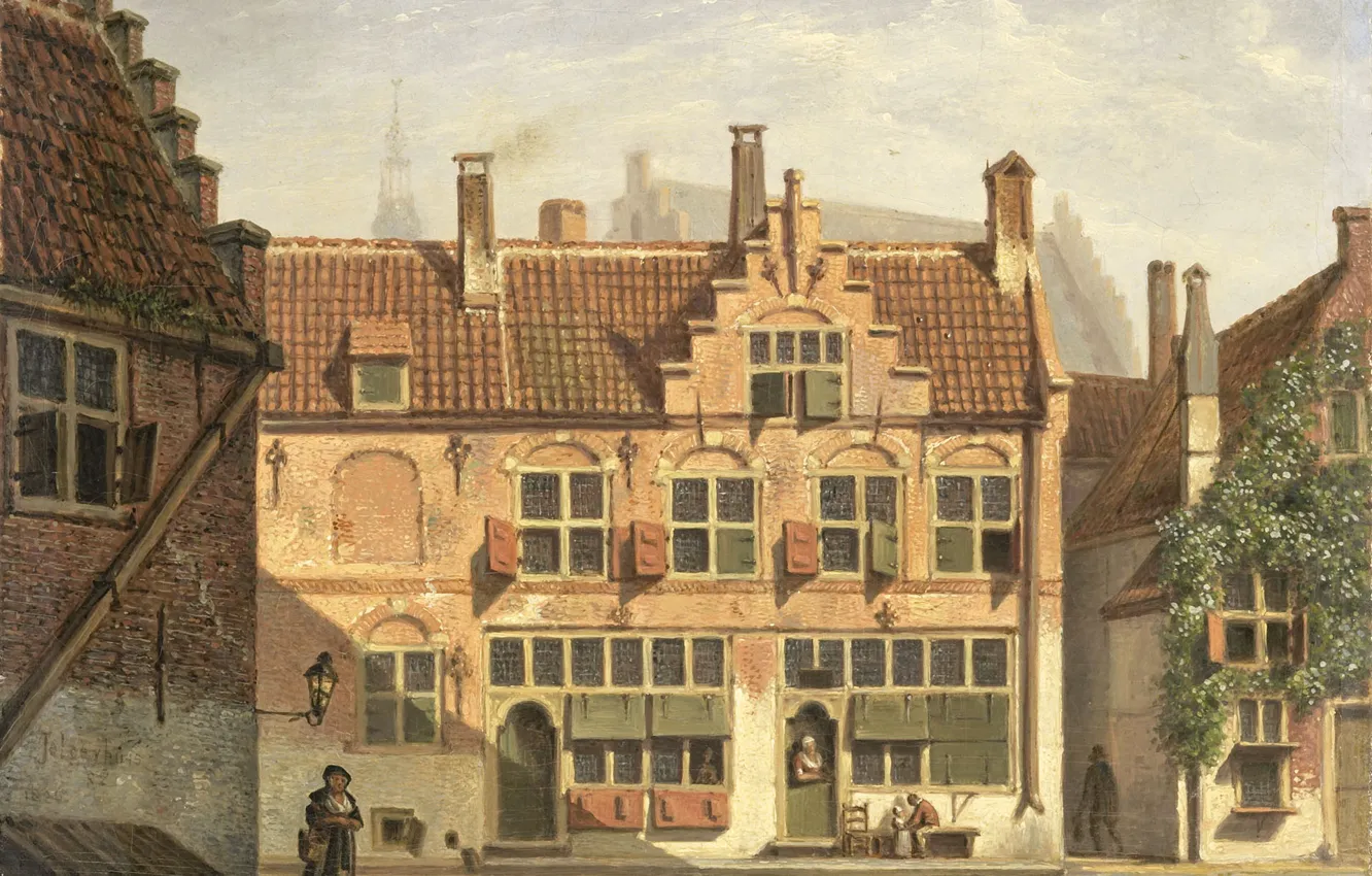 Photo wallpaper oil, picture, canvas, the urban landscape, Johannes Jelgerhuis, Johannes Olherwise, Street in Amersfoort, 1826