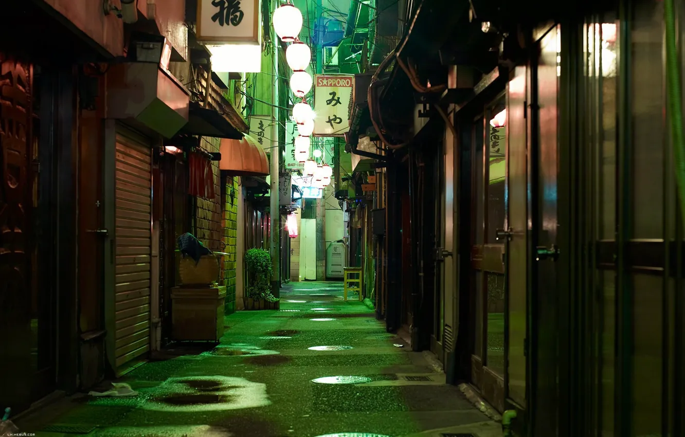 Photo wallpaper the door, lights, Japan, lane, Sapporo