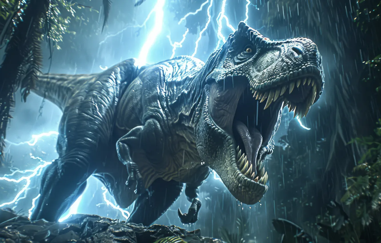 Photo wallpaper face, trees, clouds, rain, animal, lightning, dinosaur, predator