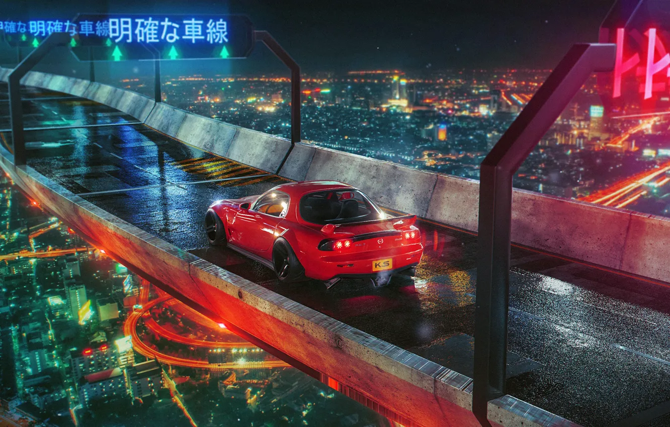 Photo wallpaper night, bridge, the city, lights, red, Mazda, RX 7, Khyzyl Saleem