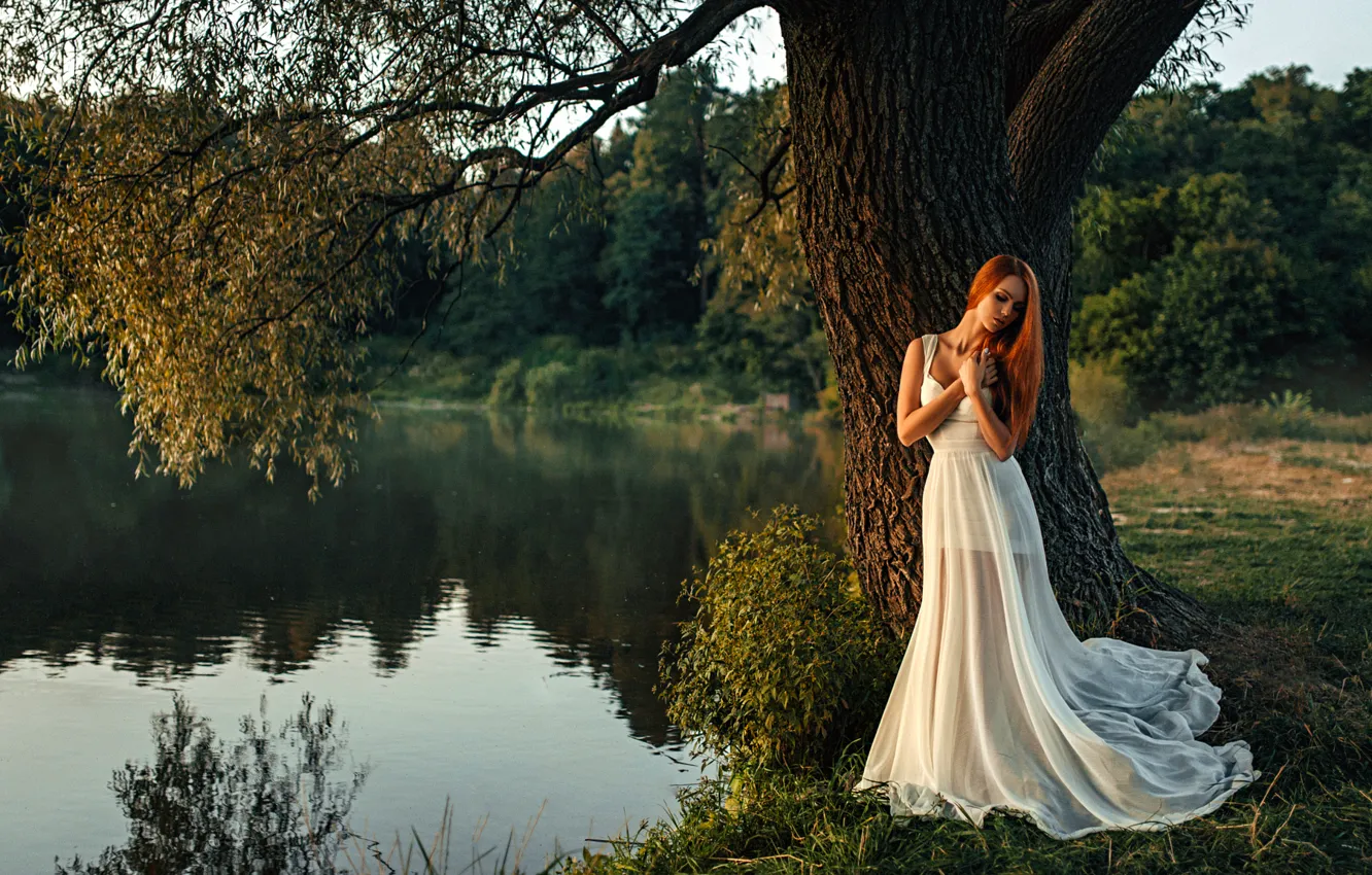 Photo wallpaper white, water, girl, trees, lake, hair, dress, beautiful