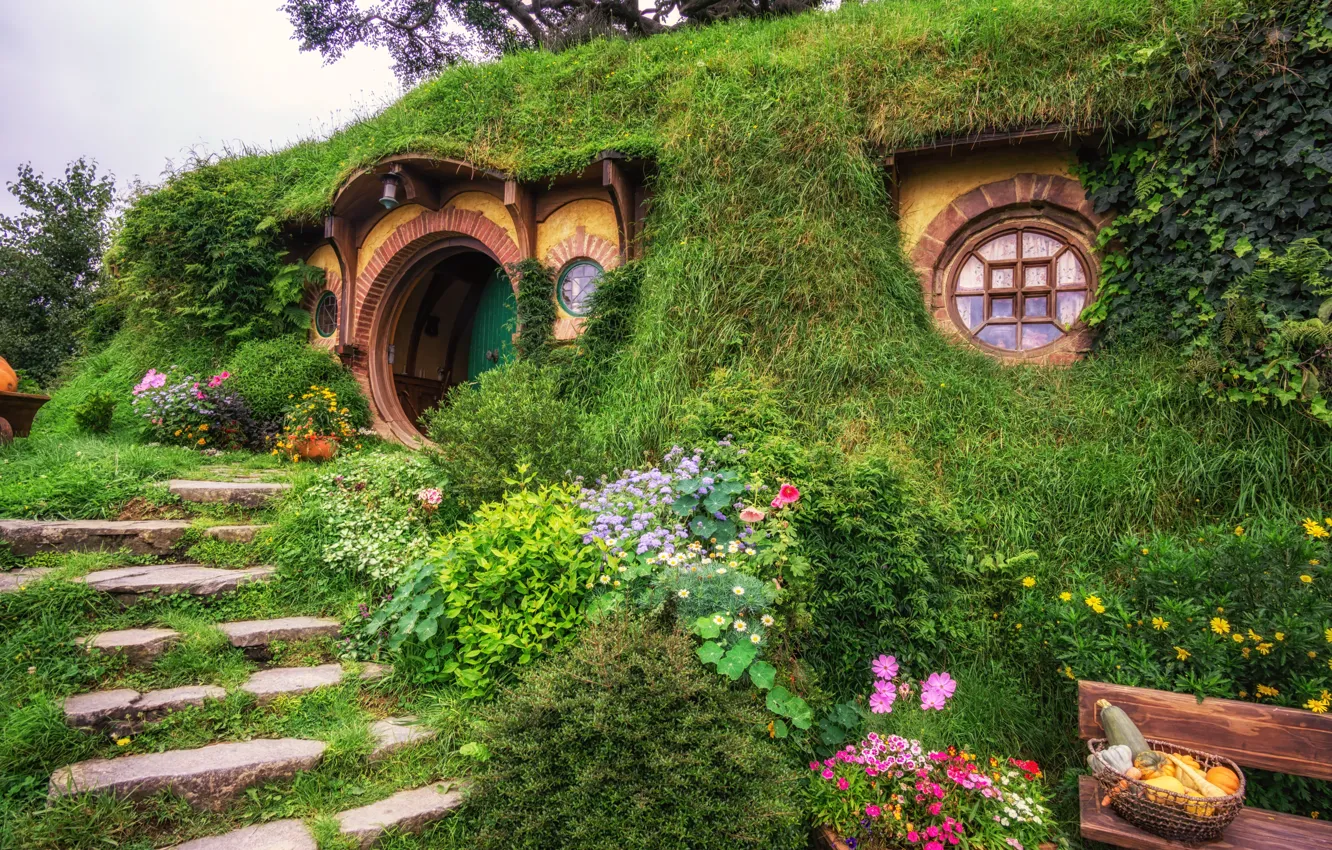 Photo wallpaper flowers, Nora, New Zealand, the Lord of the rings, ladder, Hobbiton