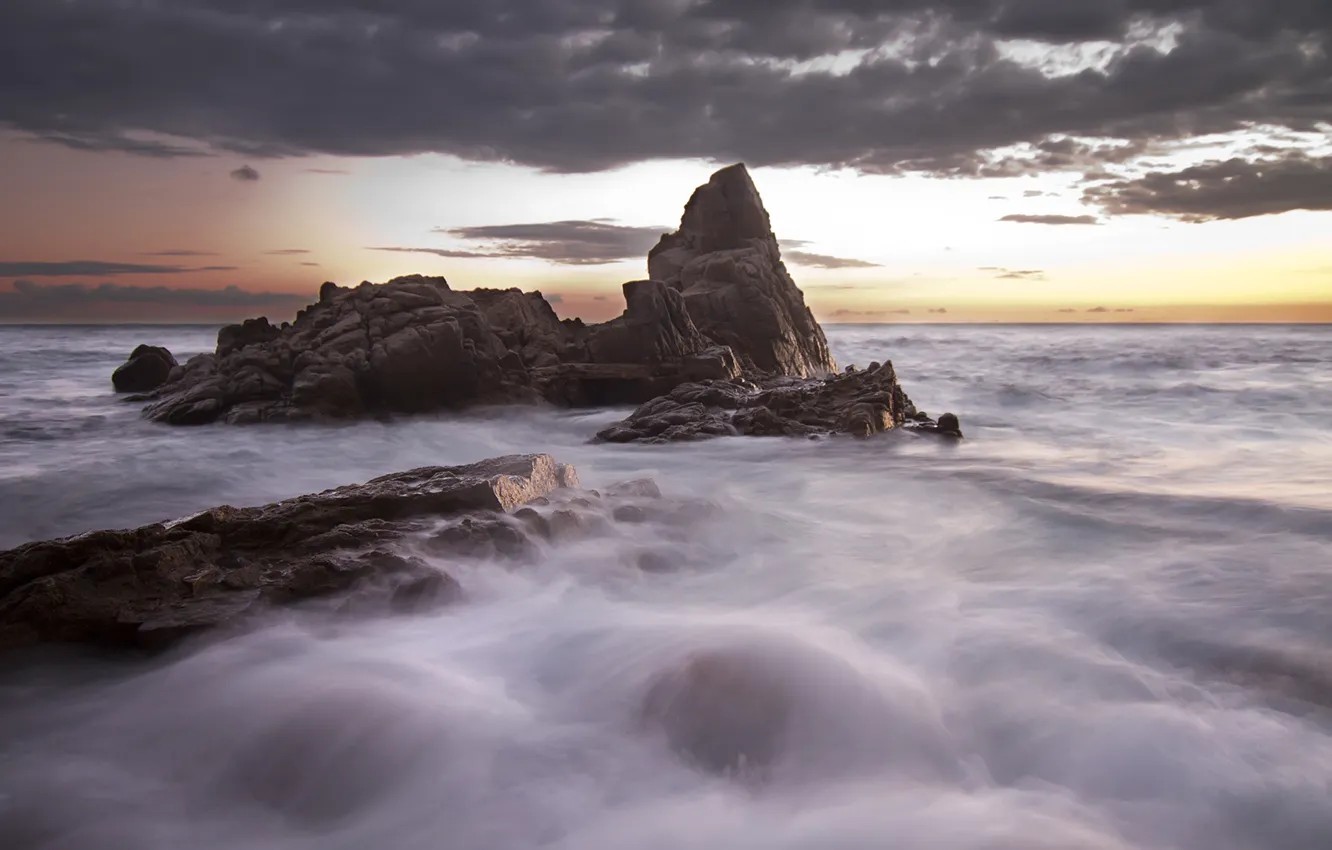 Photo wallpaper waves, ocean, sunset, clouds, rocks