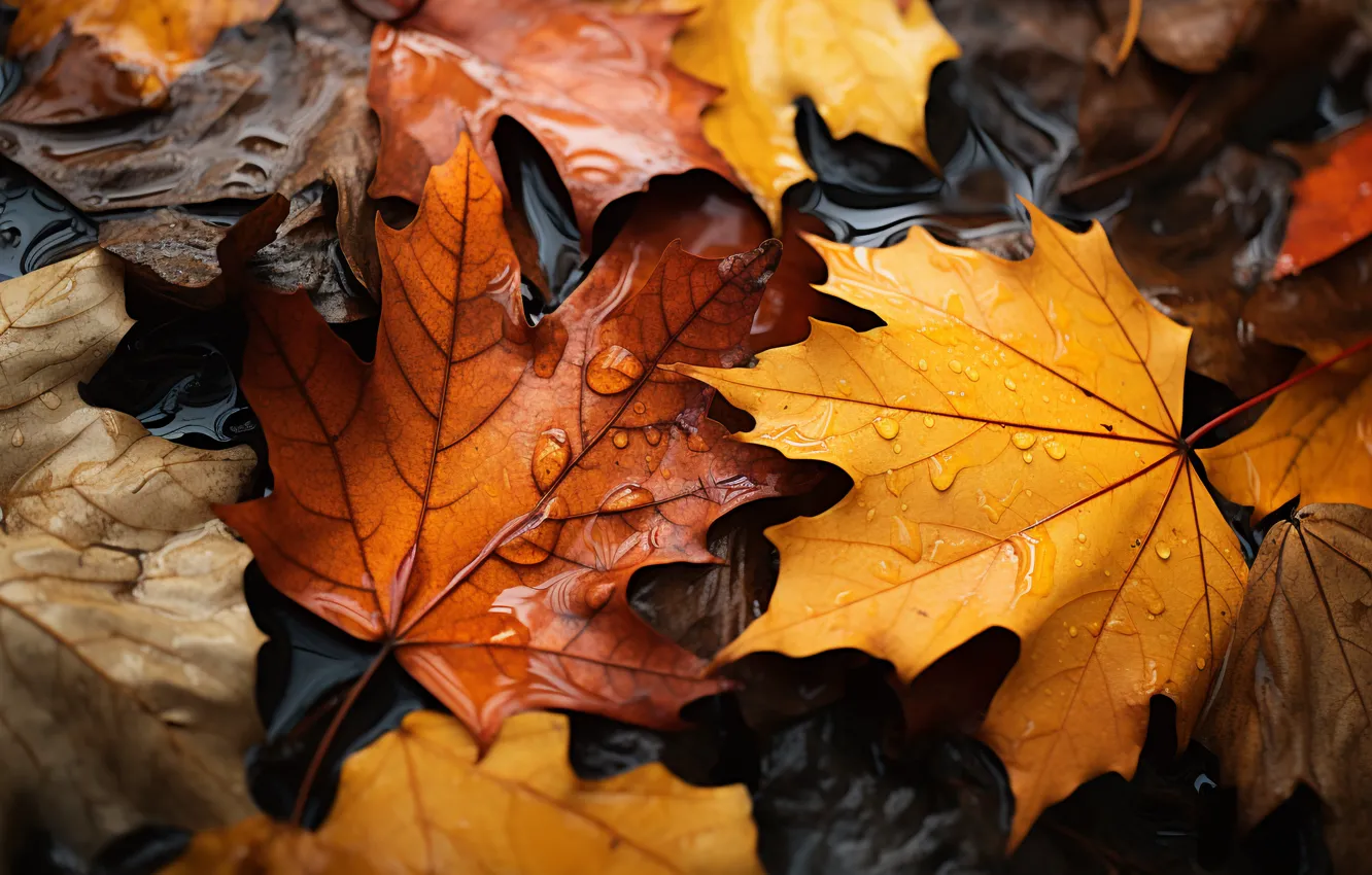 Photo wallpaper autumn, leaves, water, drops, rain, water, autumn, leaves
