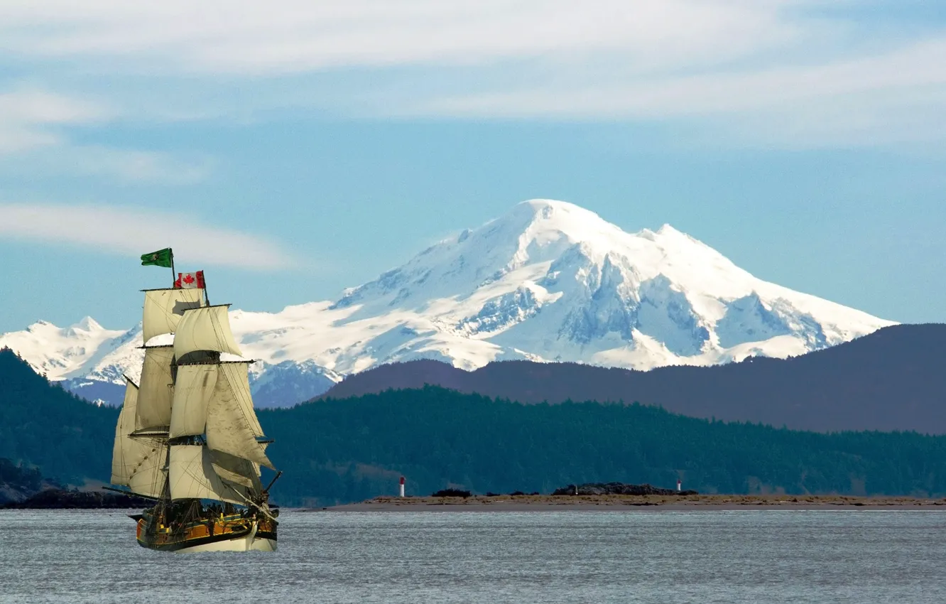 Photo wallpaper snow, mountains, river, tops, ship, island, sailboat, flag